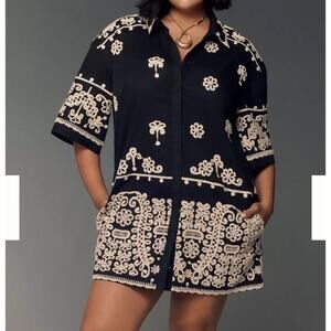 Maeve Embroidered Short Sleeve Mini Dress Sz XS Black Tunic Coverup Asian